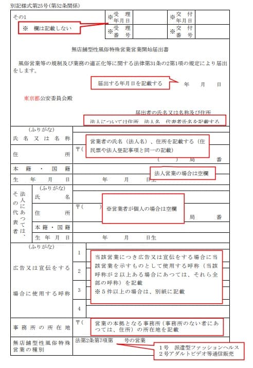 無店舗型性風俗特殊営業開始届出書