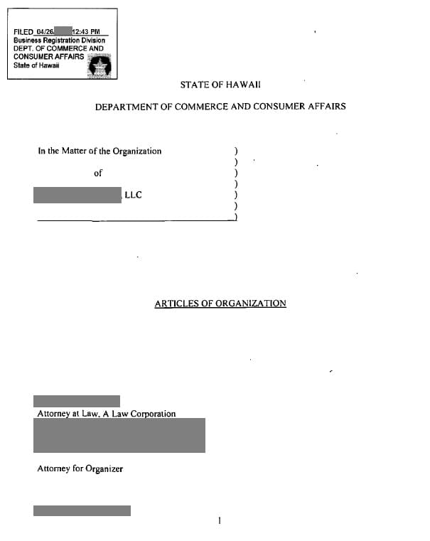 米国LLCの定款（Articles of Organization）の表紙サンプル